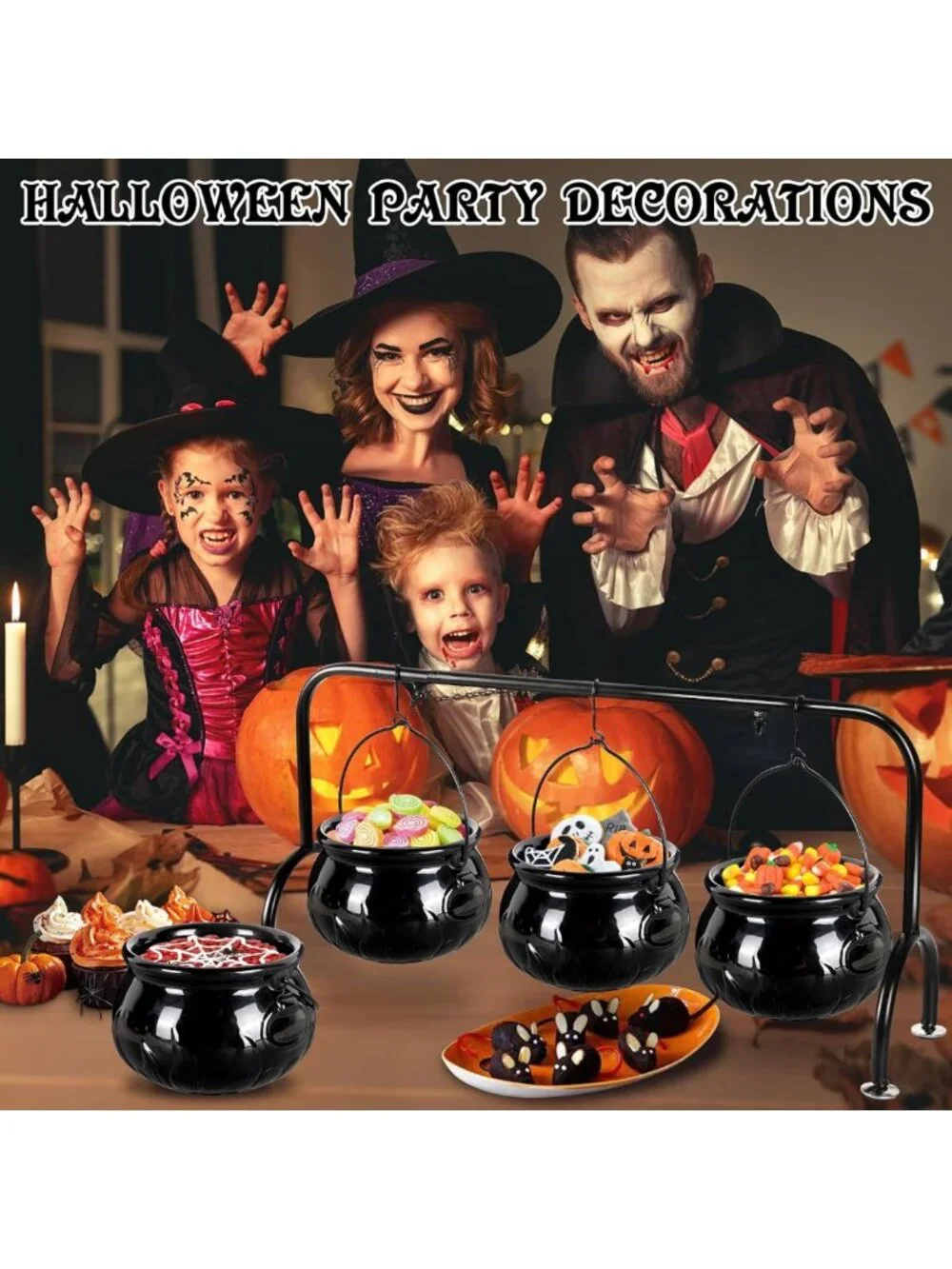Spooky Halloween Party Decor - Set of 3 Ceramic Witches Cauldron Serving Bowls